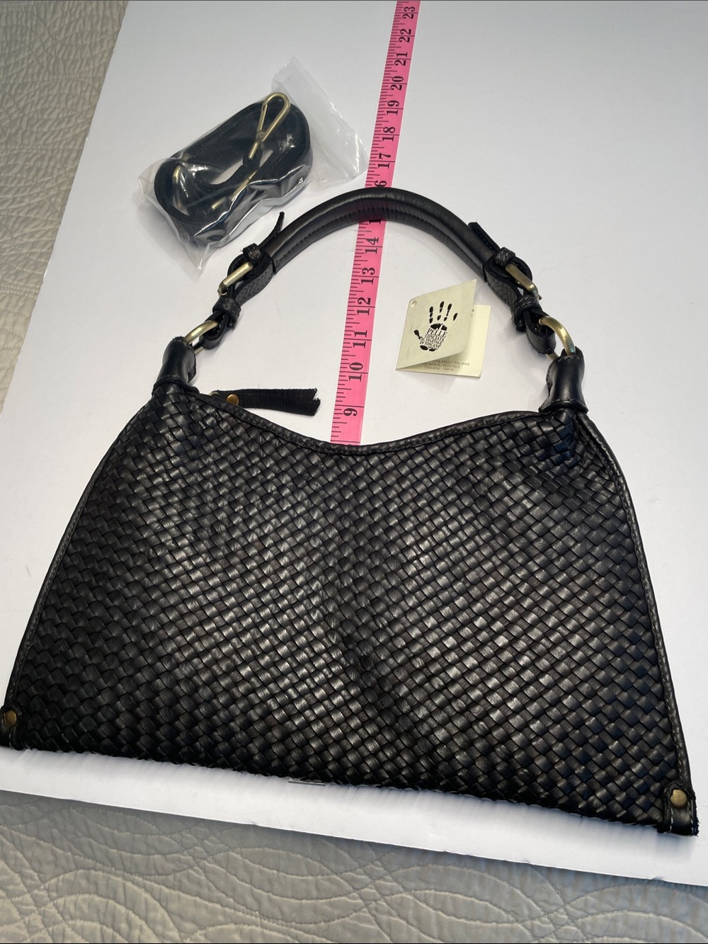 Woven Black Leather Shoulder Bag with Top Handle and shoulder Strap